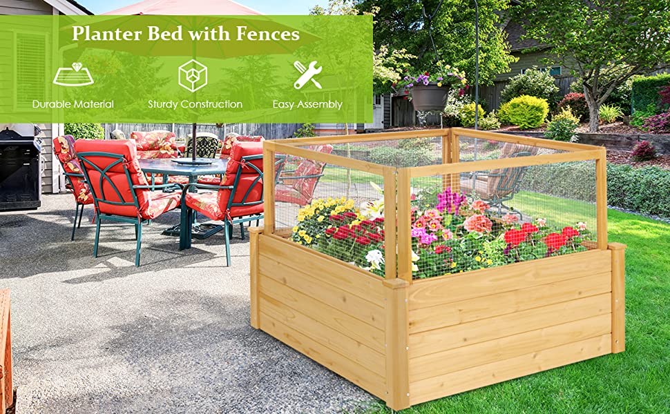 Wooden Raised Garden Bed with 9 Grids and Critter Guard Fence