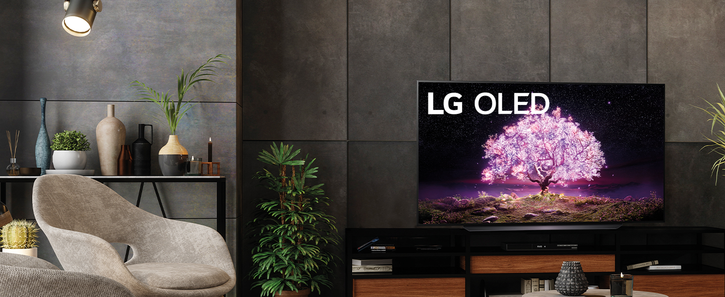 LG OLED C1 steht im dunklen Wohnzimmer 