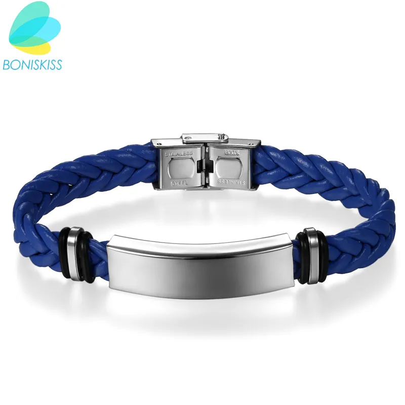 Boniskiss Brand New Fashion Weave Leather Bracelet Stainless Steel Wristband Bracelet for Women Men Jewelry Pulseira Masculina