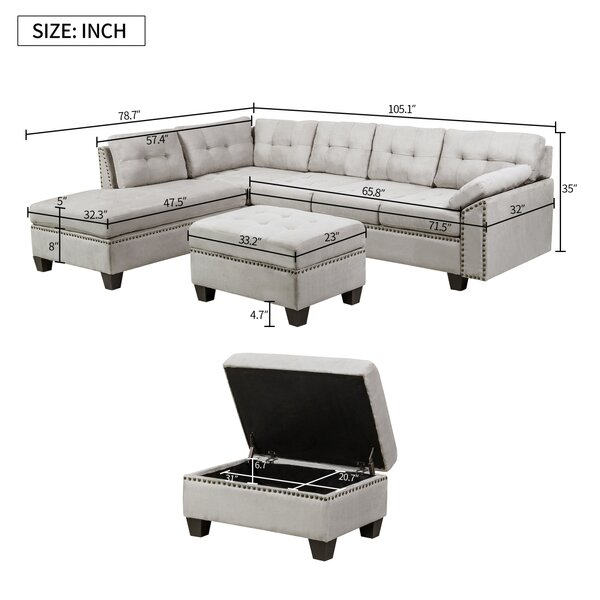 105.1'' Wide Genuine Leather Left Hand Facing Sofa & Chaise Sectional with Ottoman