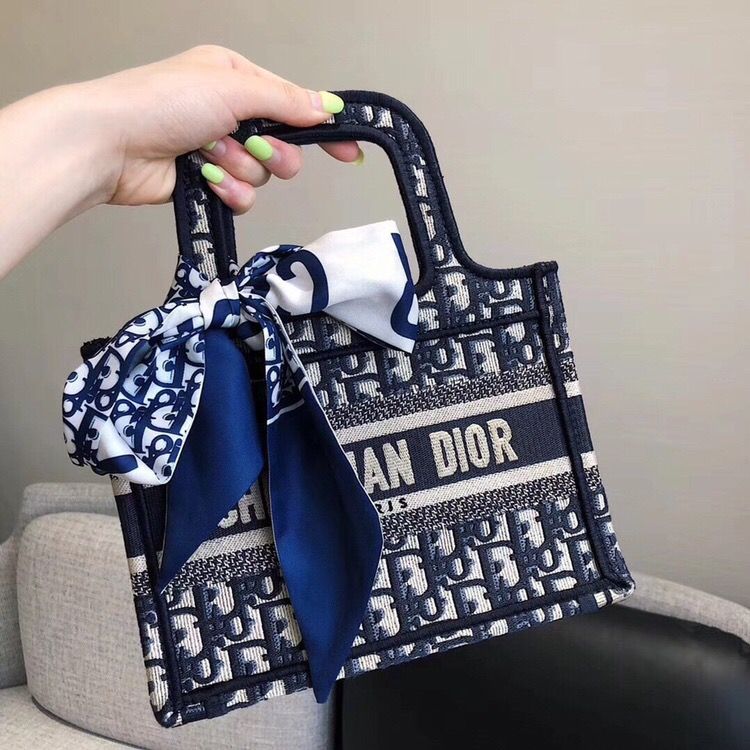 Dior BOOK TOTE ORIGINAL OBLIQUE图案迷你蓝色刺绣帆布托特包