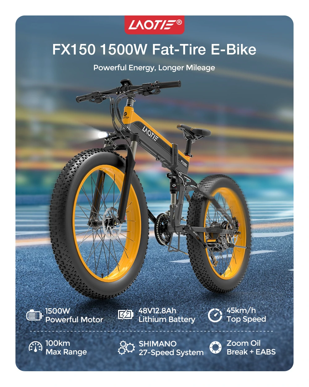 LAOTIE® FX150 12.8Ah 48V 1500W 26in Folding Moped Bicycle 100KM Mileage Range Electric Bike Max Load 200kg