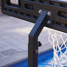 Close up shot of the square pole of the poolside basketball system