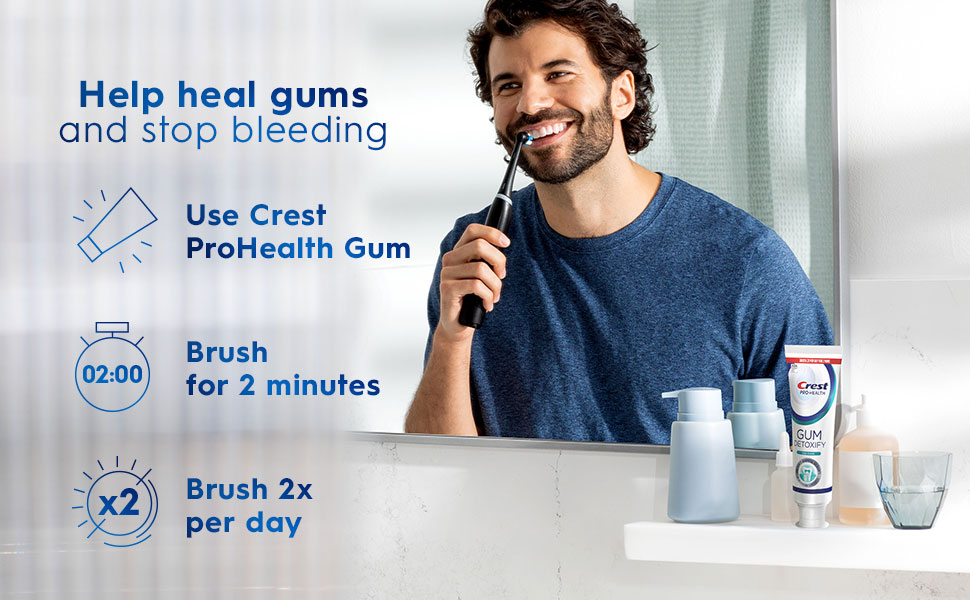 Man heals gums, stops bleeding with Crest Pro-Health Gum Detox & iO brush, 2 mins, 2x/day.