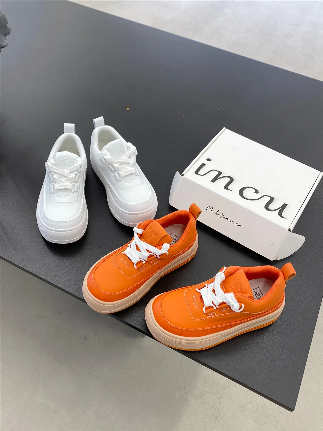 Trendy Style Designer Sneaker For Women Orange Height Increasing Thick Heels Cozy Fit Real Leather Sport Casual Shoes Cozy Fit