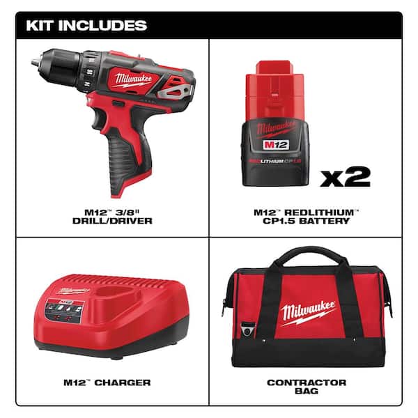 M12 12V LithiumIon Cordless 3/8 in. Drill/Driver Kit with Two 1.5 Ah