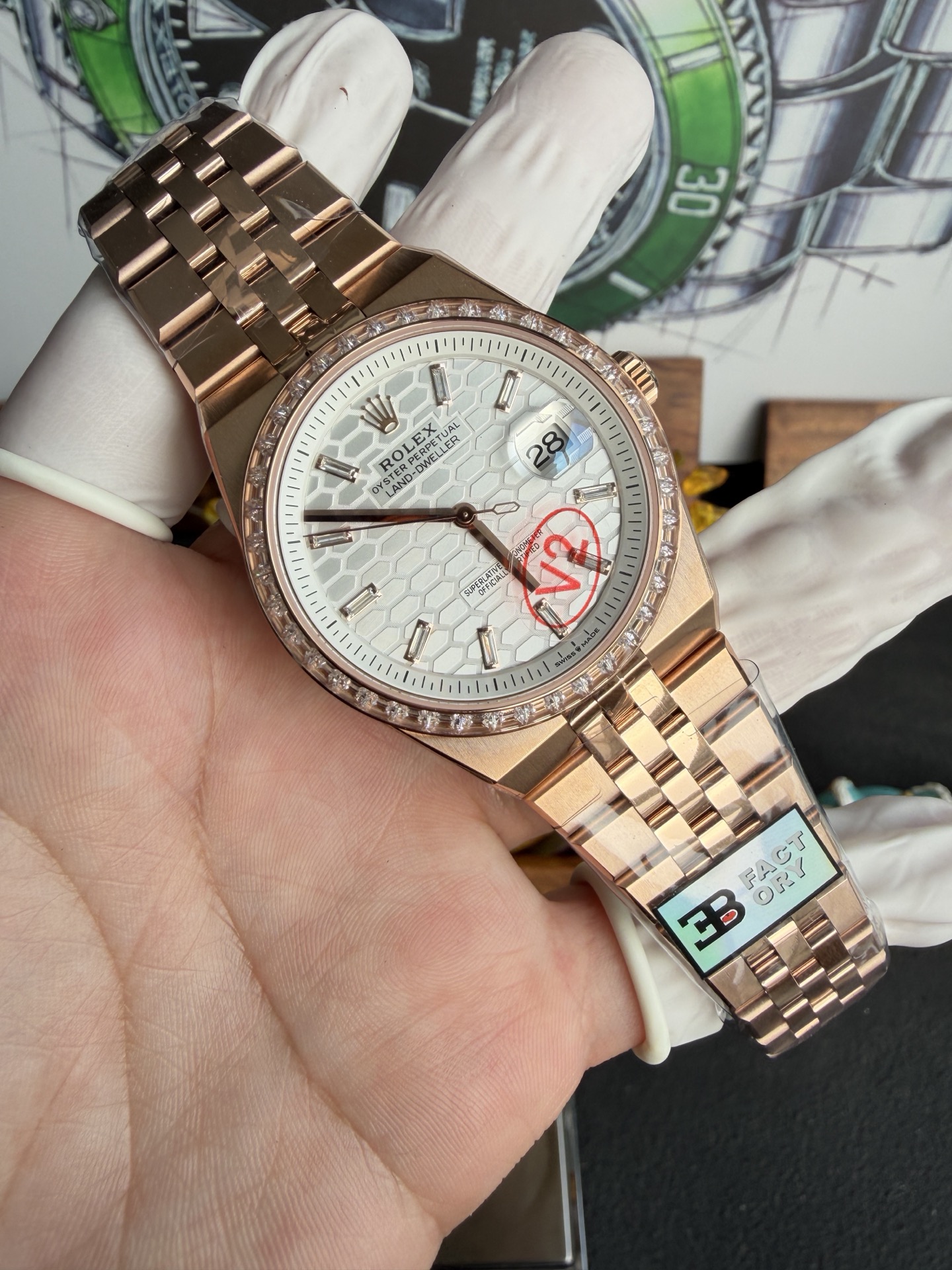 GYL Rolex Land-Dweller 127385TBR-0003 Rose Gold White Honeycomb-motif Diamond-set Dial Best Replica BPF 40mm-GYL-GaiYalun