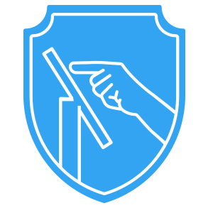 A shield icon with a hand touching a touchscreen monitor in silhouette on it