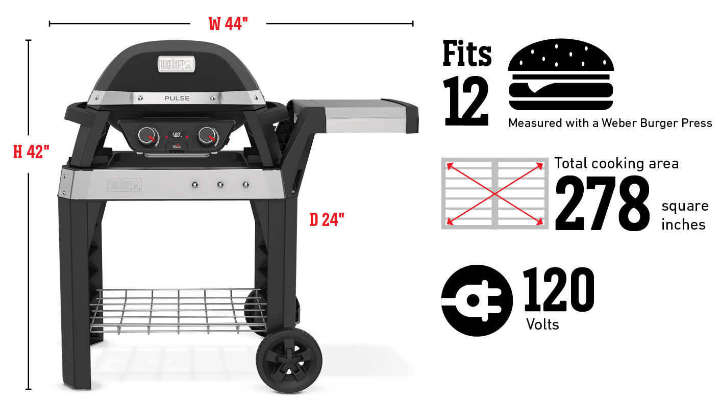 Fits 12 Burgers Measured with a Weber Burger Press, Total cooking area 278 square inches, 120 Volts