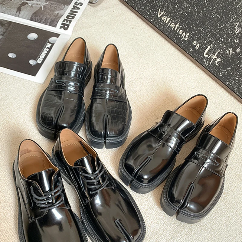 New Genuine Leather Tabi Pumps Women Slip-On Thick Soled Flat Shoes Women Tabi Shoes Split Toe Loafers Woman chaussure femme