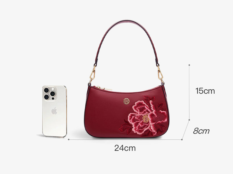 Embroidery Leather Red Shoulder Bag Peony Women