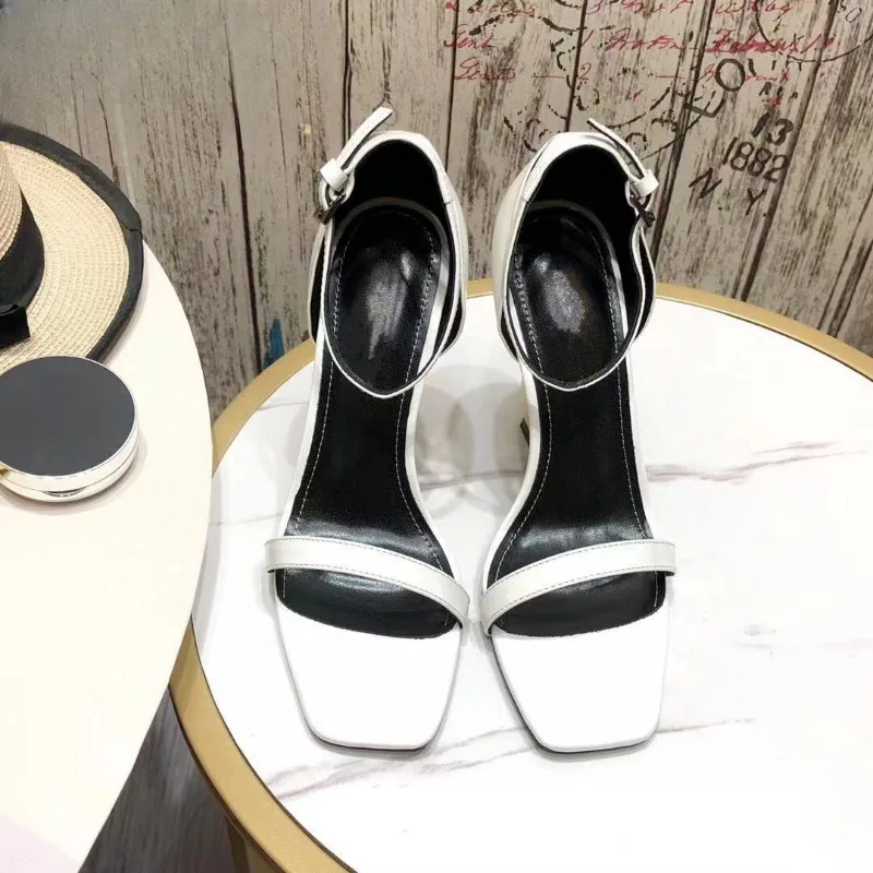 Summer Sexy Lady Fashion Women's Shoes Casual Designer Black Leather One Strappy Sandal Metal High Heels Gladiator Zapatos Mujer