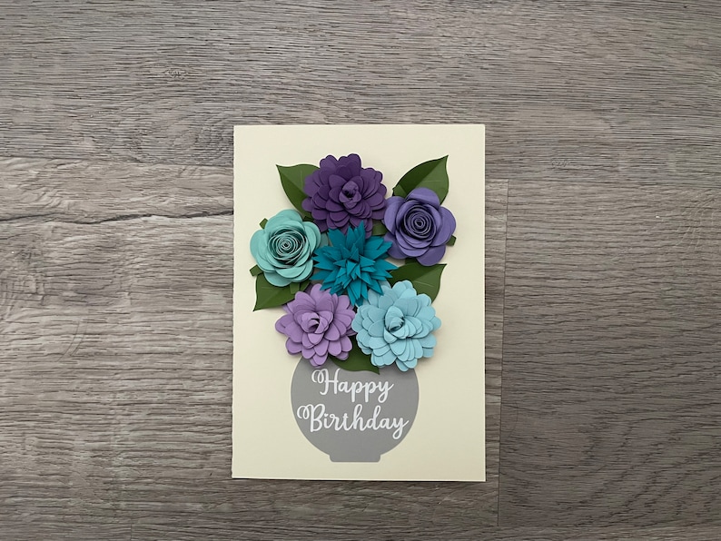 Happy Birthday Floral Greeting Card 3D Blue/Purple Flowers image 1